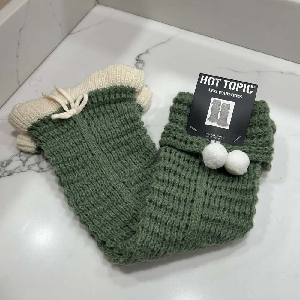 Hot Topic Green & Cream Knit Pom Pom Leg Warmers One Size